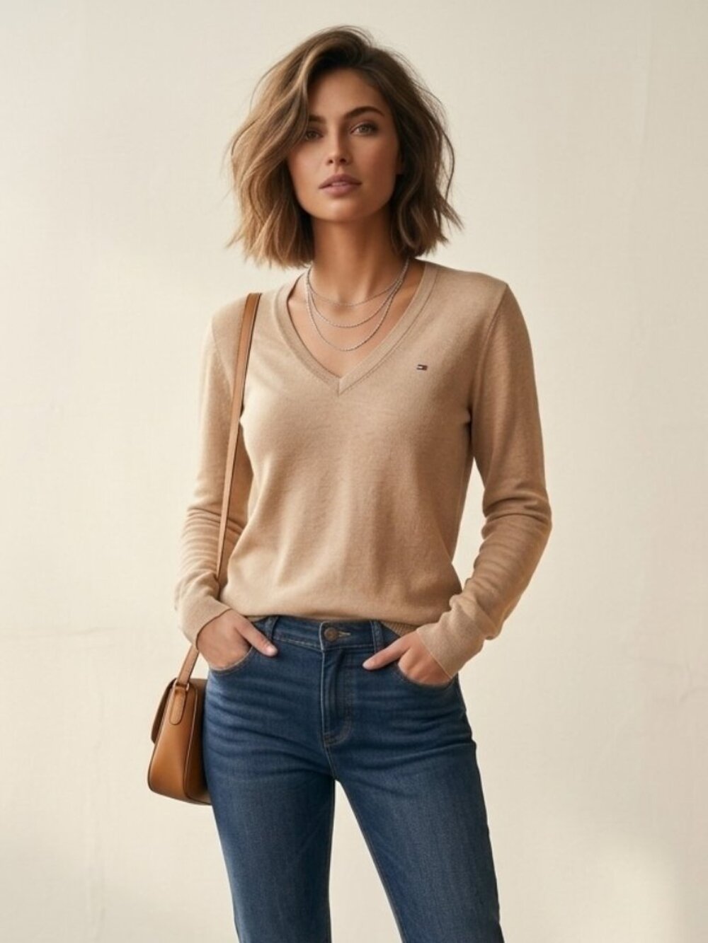 Tommy Hilfiger Women's V-Neck Knit Sweater - Beige/Tan - Size Medium